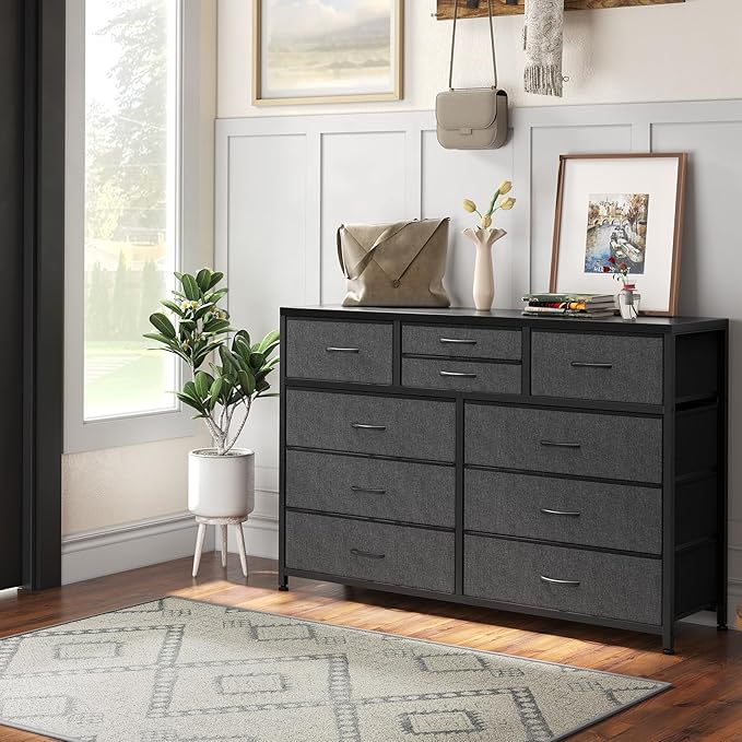 GAOMON 10 Drawers Fabric Dressers for Bedroom, Modern Chest of Drawers, Lightweight Entertainment Center with Fabric Bins for Living Room, Hallway, 45" Wide TV Stand Dressers, Wood Top (Black_1)