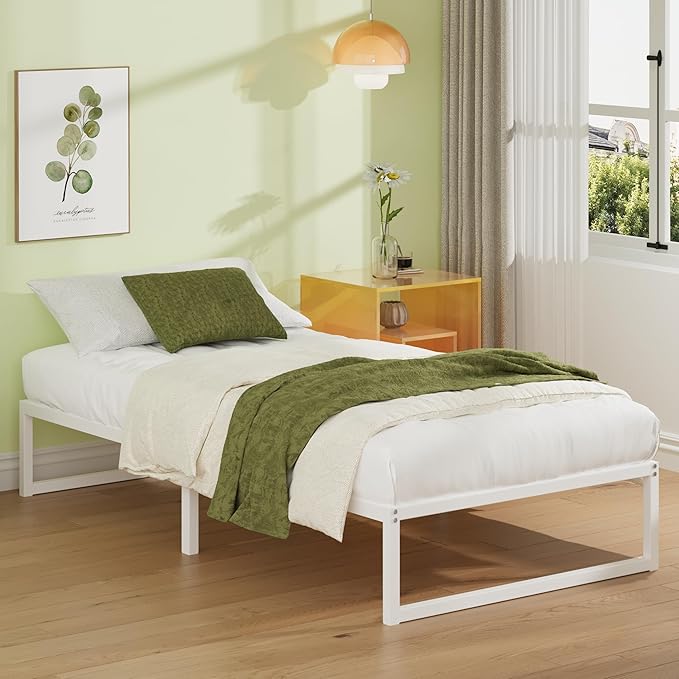 EMODA 12 Inch Twin XL Bed Frame, Metal Platform Bed Frame No Box Spring Needed, Heavy Duty Steel Slats Support, Easy Assembly, Noise Free, White
