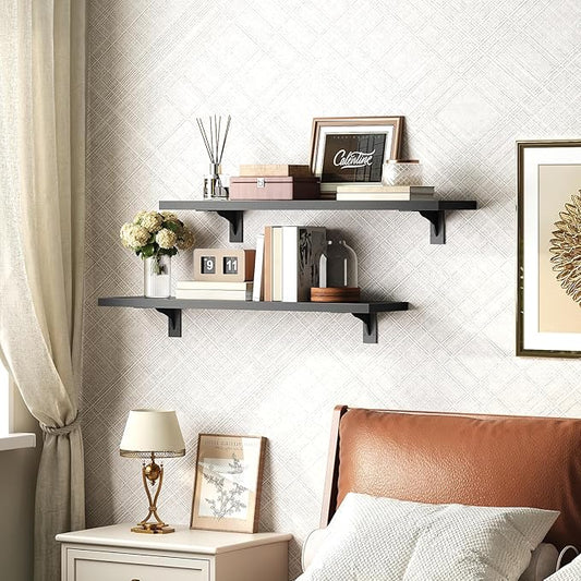 HOOBRO Floating Shelves for Wall, 23.6" Wall Mounted Shelves Set of 2, Hanging Storage Shelf with Metal Brackets, Wooden Shelf for Living Room, Bedroom, Bathroom, Black BK62BJP201G1