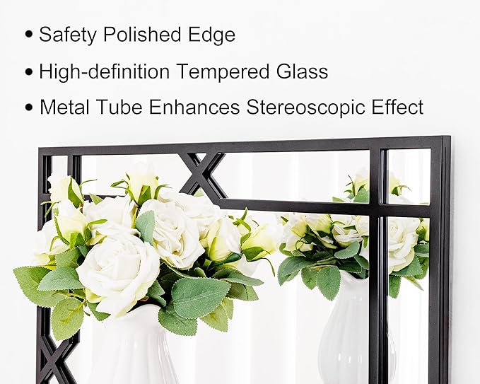 Chende Large Wall Mirror for Decor, 24''x47'' Black Decorative Mirror with Matte Black Metal Pipe Frame, Rectangular, Horizontal/Vertical, Living Room, Bathroom, Entrance