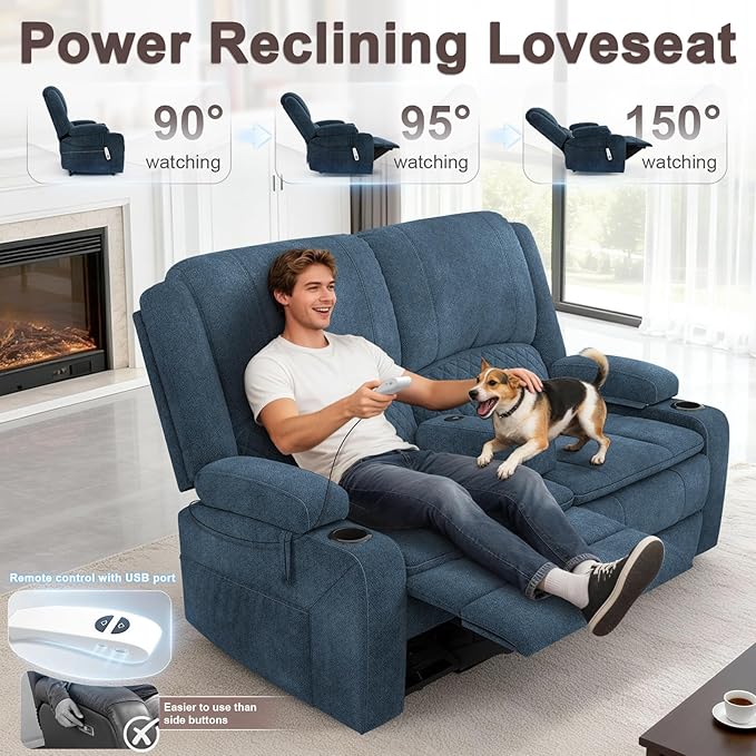 Yolsali Power Reclining Loveseat with Remote Control, Zero Wall Hugger RV Loveseat Recliner Sofa for Living Room with Removable Armrest, 2-Tier Cushions, Hidden Storage & USB Ports, Soft Fabric Blue
