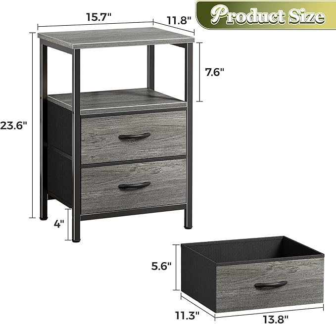 Huuger Night Stand Set of 2, Nightstand with 2 Drawers, Bed Side Table with Open Shelf, Wooden Top, End Table, Fabric Drawer, for Bedroom, Gery
