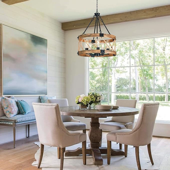 Farmhouse Chandeliers for Dining Room, 19.7” Rustic Chandelier, Round Hanging Light,5-Light Chandelier, Wood Chandelier Modern Chandelierr for Kitchen Living Room Foyer Entryway