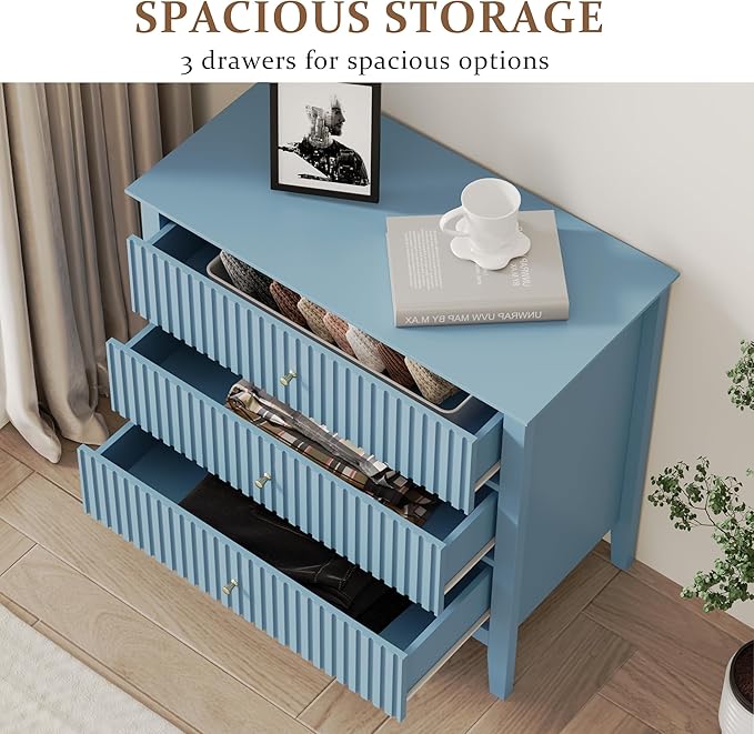 RoyalCraft Fluted 3 Drawer Dresser Set of 2, 32'' Wide Dresser Nightstand for Bedroom, Modern Wood Chest of Drawers, Large Painted Nightstand with 3 Drawers for Closet, Hallway, Entryway, Light Blue