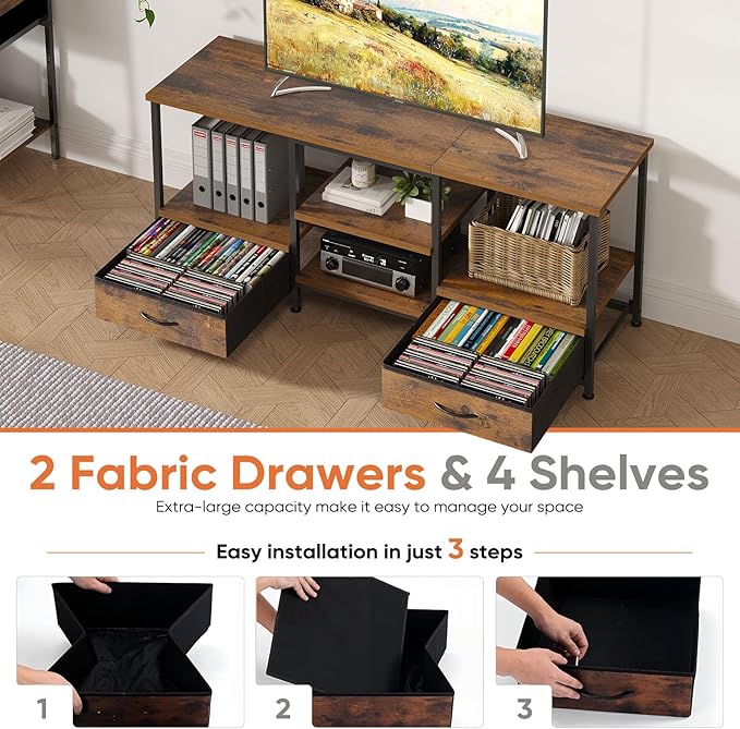 Sweetcrispy Entertainment Center with Stoage Wood TV Stand with Drawers for 65 Inch+ TVS, Television Stands for Living Room Media Console with Charging Station Drawers Shelf Sturdy Frame, 47'' Rustic