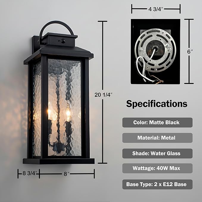 20 Inch Large Motion Sensor Outdoor Lights, Matte Black Dusk to Dawn Outdoor Wall Lights with Water Glass, 3 Lighting Modes Porch Lights Outdoor Light Fixture, Waterproof Outdoor Lights for House
