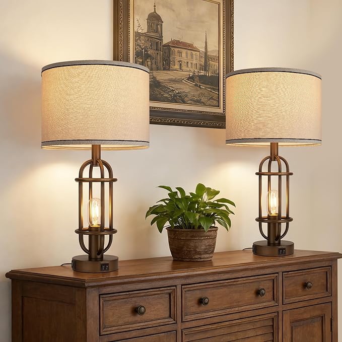 Table Lamps for Living Room Set of 2, 22.3" Farmhouse Lamps for Nightstand, Industrial Table Lamps for Bedroom with USB Ports