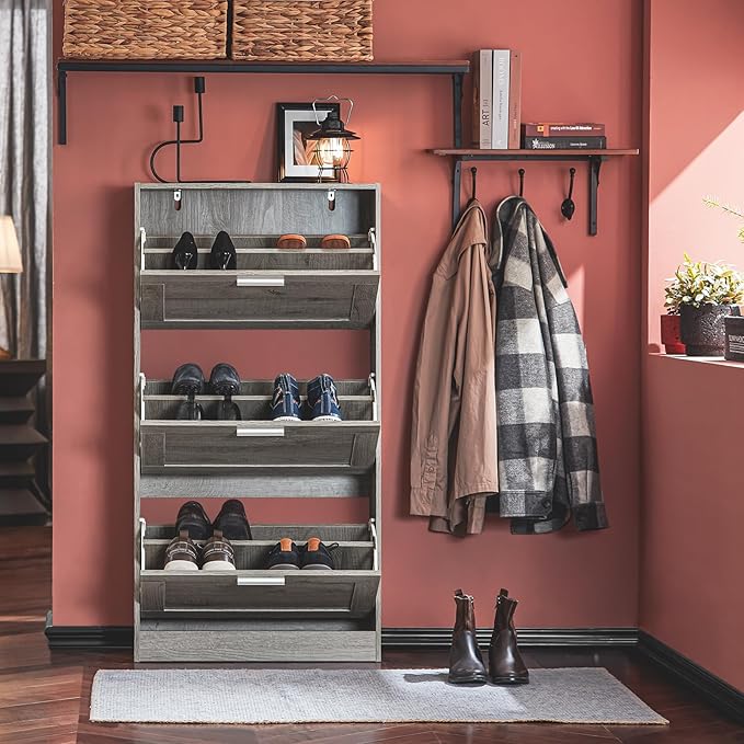 Haotian Shoe Storage Cabinet Entryway, Freestanding Shoe Cabinet with 3 Flip-Drawers Fully Enclosed Tall Shoe Rack Shoe Organizer, Grey, FSR137-L-HG