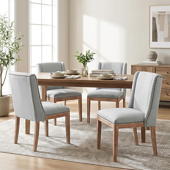 Dining Chair Set of 4, Upholstered Fabric Kitchen Side Chairs with Solid Wood Legs, Comfortable Seating for Kitchen, Dining Room & Restaurant, Grey