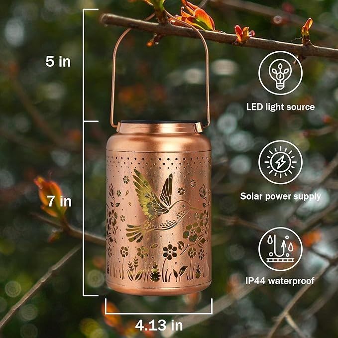 2 Packs Hummingbird Solar Lanterns Outdoor Waterproof, Birthday Gifts for Women, Mom, Hummingbird Gardening Gifts, Hanging Decorative Solar Lanterns for Patio/Yard/Garden Decor