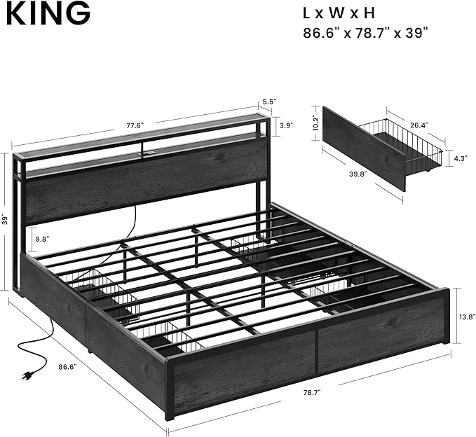 LIKIMIO King Size Bed Frame with 4 Storage Drawers, 2-Tier Storage Headboard with Charging Station, Double Bed Frame King Size for Bedroom, No Box Spring Needed, Easy Assembly, Charcoal Grey