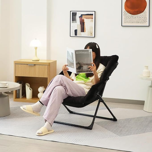 Comfy Saucer Chair for Adults, Soft Faux Fur Bedroom Chair with Ottoman, Accent Dorm Chairs, Living Room Reading Chairs and Footstool, Folding Seat for Teens, X-Large, Black