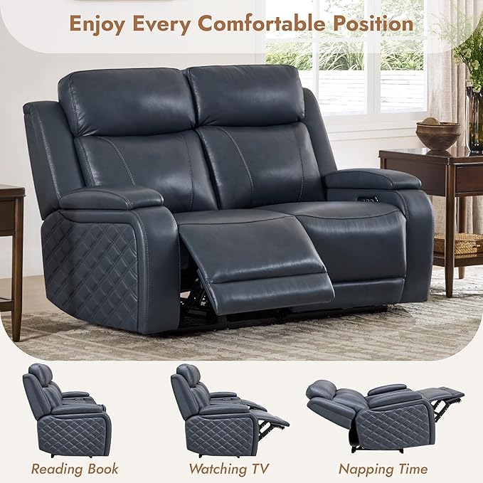 Watson & Whitely Genuine Leather Power Loveseat Recliner Sofa, Zero Gravity Reclining Loveseat with Power Headrest & Hidden Storage, Charging Ports, Dual Recliner Sofas for Living Room, Navy Blue