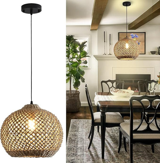 Rattan Pendant Light Fixture,13.79" Boho Rattan Kitchen Island Seagrass Lighting, Hand Woven Coastal Wicker Chandelier,for Farmhouse Dining Room Entryway Foyer 1-Light