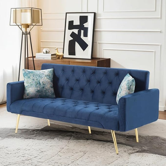 Futon Sofa Bed, Convertible Futon Couch with Adjustable Backrest, 68.31” Folding Sofa Bed with 2 Pillows & Metal Legs, Sleeper Loveseat with Armrest for Home Office, Blue