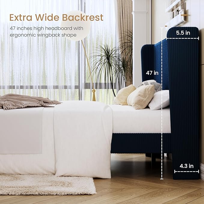 SHA CERLIN Full Size Corduroy Upholstered Platform Bed Frame with Vertical Channel Tufted Wingback Headboard, 8" Under Bed Storage, Wooden Slats & Metal Frame Support, Easy Assembly, Dark Blue