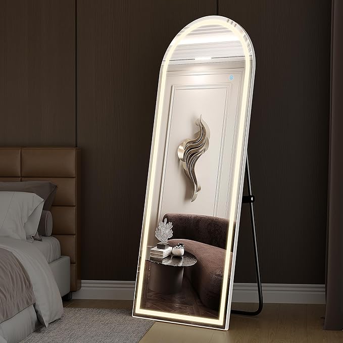 Full Length Mirror with LED Lights, 63" x 21" Arched Floor Mirror with Dimming & 3 Color Lighting, LED Body Mirrors for Home Decor, Tall Arch Aluminum Frame Mirrors for Bedroom Cloakroom