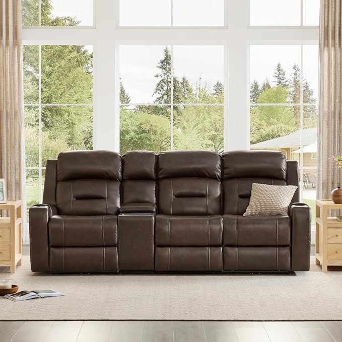 Watson & Whitely Genuine Leather Power Recliner Sofa, Lay Flat Reclining Sofa with Storage Console, Power Headrest & Cup Holders, 3 Seater Electric Reclining Couch for Living Room, Dark Brown