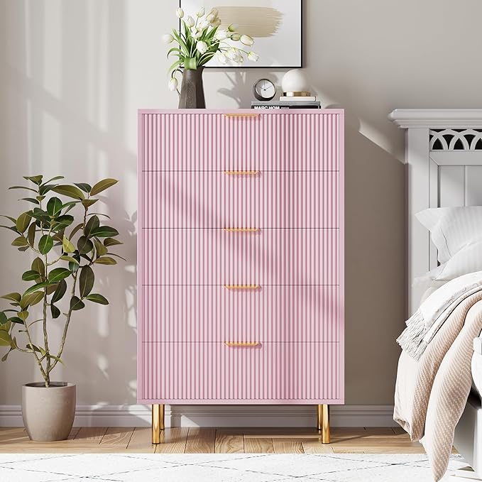 IDEALHOUSE Pink Dresser, Modern 5 Drawer Dresser for Bedroom with Gold Handle and Large Drawer, Wood Double Chest of Drawers and Storage Organizer for Living Room, Hallway, Entryway