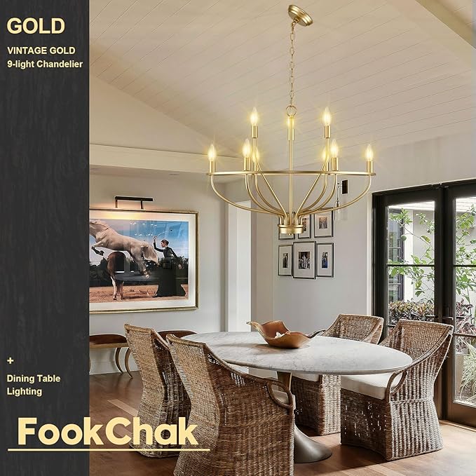 9-Light Gold Light Fixture Vintage Candle Chandelier Lighting Brass Dining Room Chandelier Over Table for Living Room Foyer Kitchen Island Bedroom, 28.54in, E12