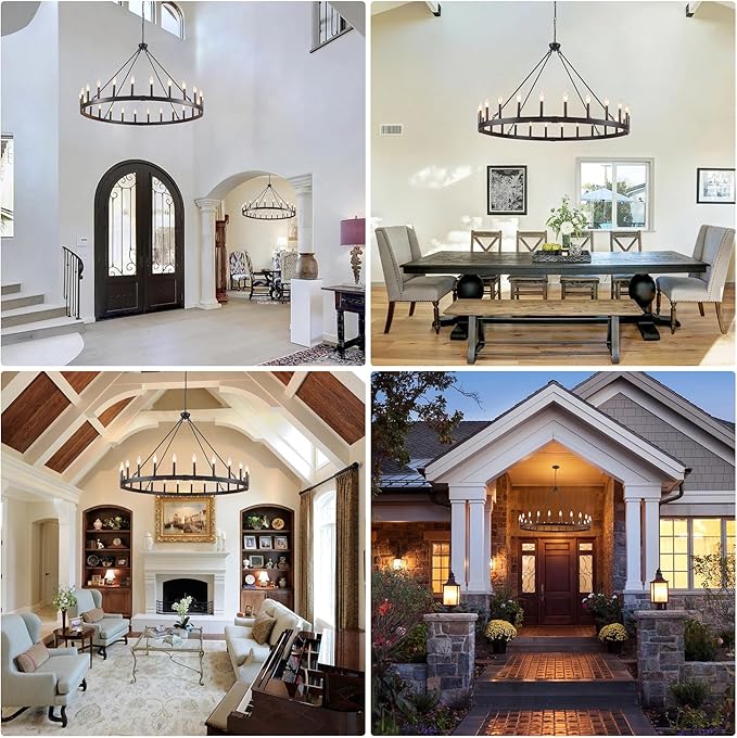 24-Light Black Wagon Wheel Chandelier Farmhouse, 48" Extra Large Chandeliers for High Ceilings, Round Matte Black Chandeliers for Dining Room, Kitchen Island, Foyer, Living Room, Entrance