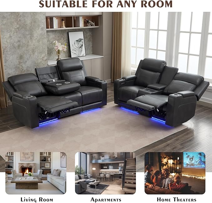 Netpane Breathable Leather Power Recliner Sofa Set with LED, Power Reclining Sofa and Loveseat Set with Adjustable Headrest/Wireless Charger/USB Ports/Storage for Living Room/HomeTheater (Grey&Black)