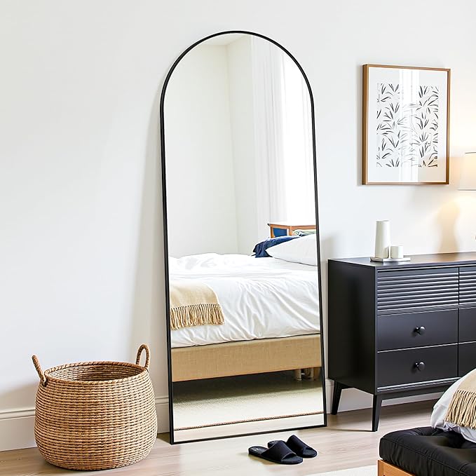 Floor Mirror 58"×18" inch Standing Full Length Mirror with Stand Black, Clear Glass, Arched Oval Framed for Wall Bedroom Big Living Room Modern Decor