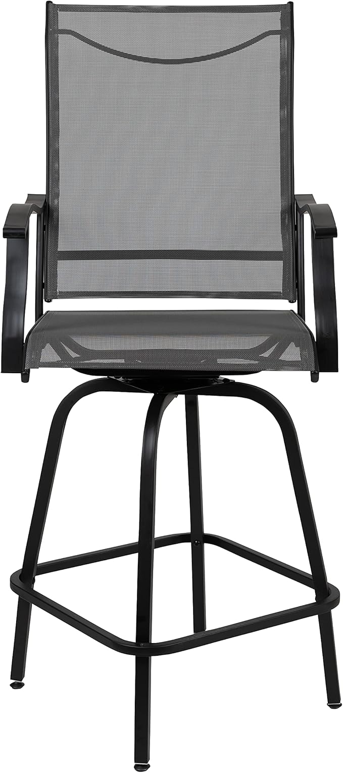 Flash Furniture Valerie All-Weather Swivel Patio Barstools with Footrest and Armrests, Modern Sling Outdoor Bar Height Stools, Set of 2, Gray