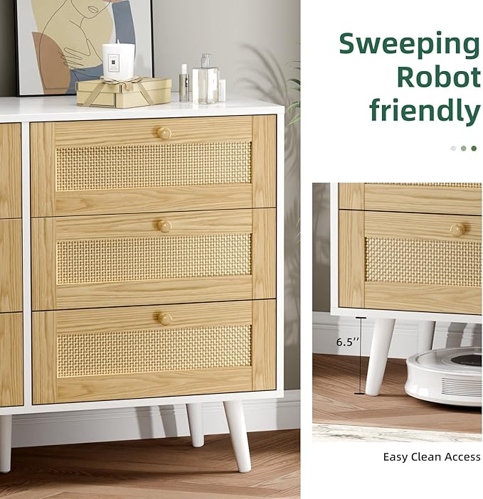6 Drawer Rattan Dresser for Bedroom, Wooden Dresser Chest with Handles for Bedroom, Living Room and Hallway, White