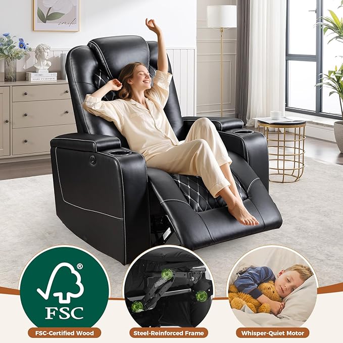 ANJ Power Recliner Chair with USB Ports and Cup Holders - Overstuffed Electric Home Theater Seating PU Leather Reclining Furniture with Hidden Arm Storage, Easy to Clean ，Black