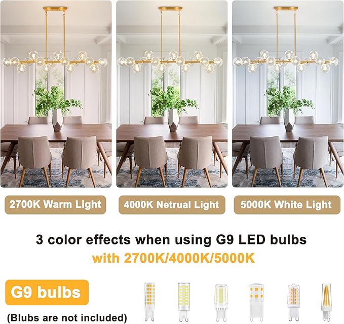 Modern Chandeliers for Dining Room Swirled Glass 55" Gold Linear Sputnik Chandelier 16-Light Large Chandelier Bubble Dining Room Light Fixture Linear Island Lights for Kitchen, Electroplated Brass