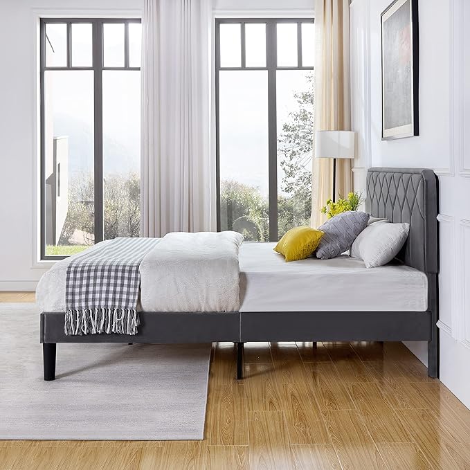 VECELO Queen Size Bed Frame Premium Velvet Upholstered Platform with Height Adjustable Headboard/Mattress Foundation, Solid Wooden Slat Support, No Box Spring Needed/Easy Assembly