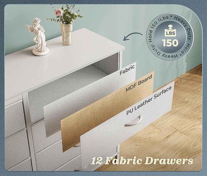 PRAISUN 63 Inch Long Dresser TV Stand for 65, 70 Inch TV, 12 Drawer Dresser for Closet, Bedroom, Large Fabric Drawers, Entryway Hallway Chest of Drawers, Wooden Top, Media Console, PU Leather, White