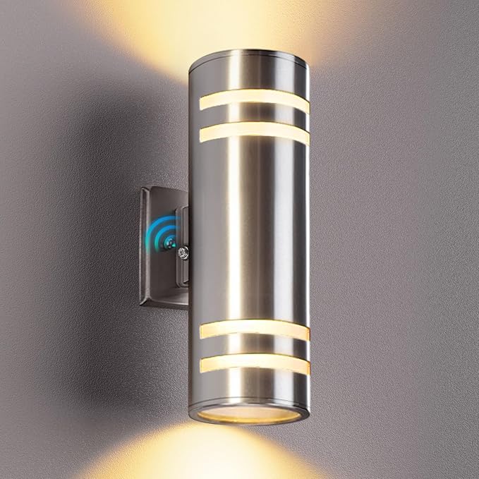 RAYVO Dusk to Dawn Outdoor Wall Light, Up Down Stainless Steel Exterior Light Fixture with Photocell Sensor, Waterproof Outdoor Sconce Lights for House Porch Garage Patio, LED Bulbs Included