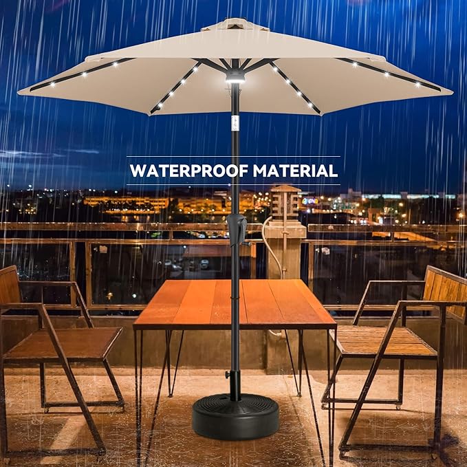 7.5ft Solar Umbrella Outdoor - Lighted Solar Patio Umbrella with 24 LED Lights Waterprool UV Protection, Table Umbrella with Tilt for Pool, Porch, Garden, Deck, Backyard (Beige)
