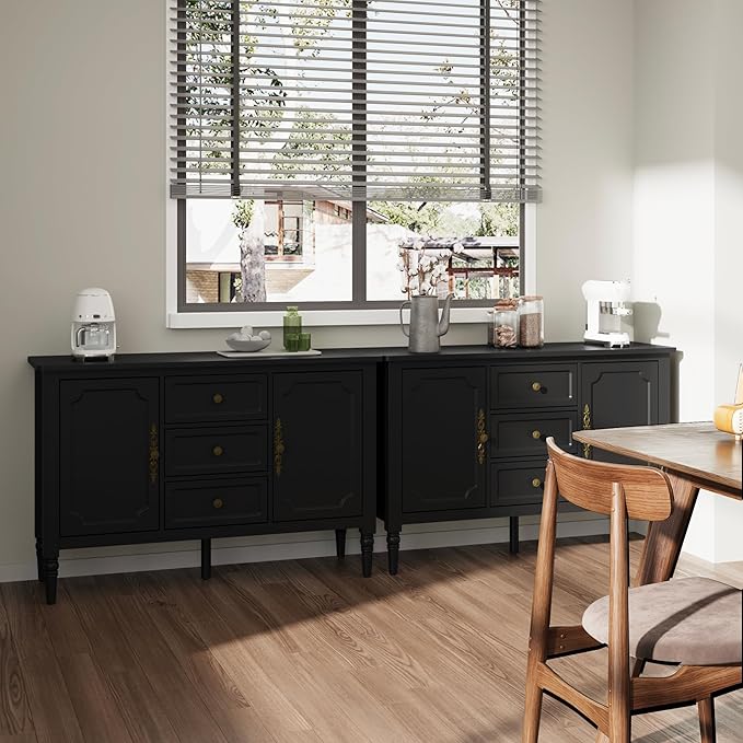 RoyalCraft Buffet Cabinet with 3 Drawers & 2 Doors, Vintage Sideboard with Storage, Mid Century Modern Painted Coffee Bar Table for Entryway, Living Room, Dining Room, Black