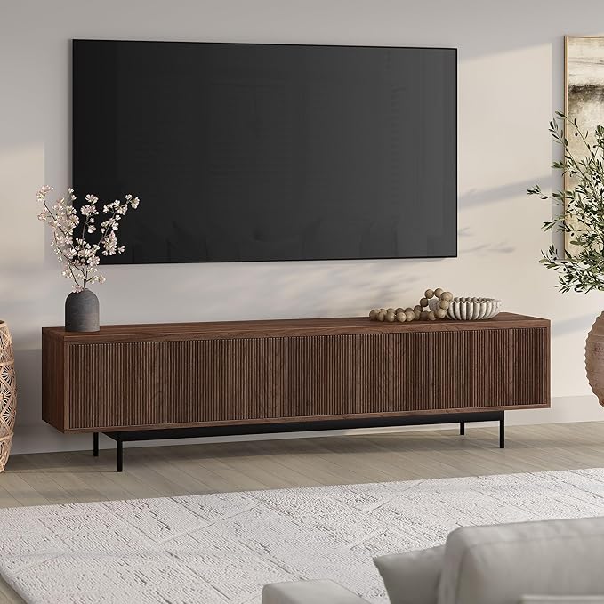 Henn&Hart Fluted TV Stand for TVs up to 85" with 2 Open-Concept Ribbed Storage Cabinets for Living Room, Family Room, or Office, Medium Walnut