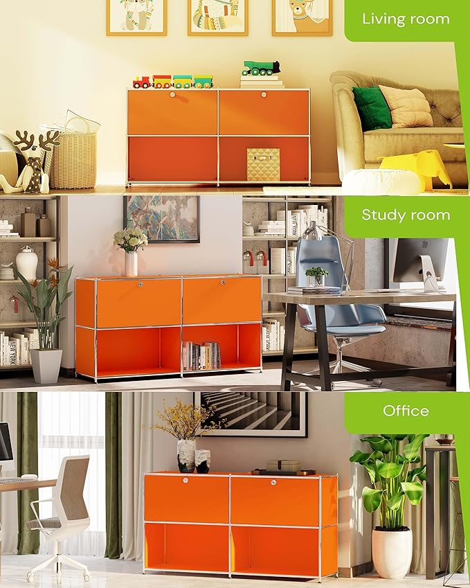 Metal Sideboard with 2 Flap Doors, DIY Modern Home Furnishing,Perfect for Home, Office, Kitchen, Hallway,Foyer Organization(Matt Orange)