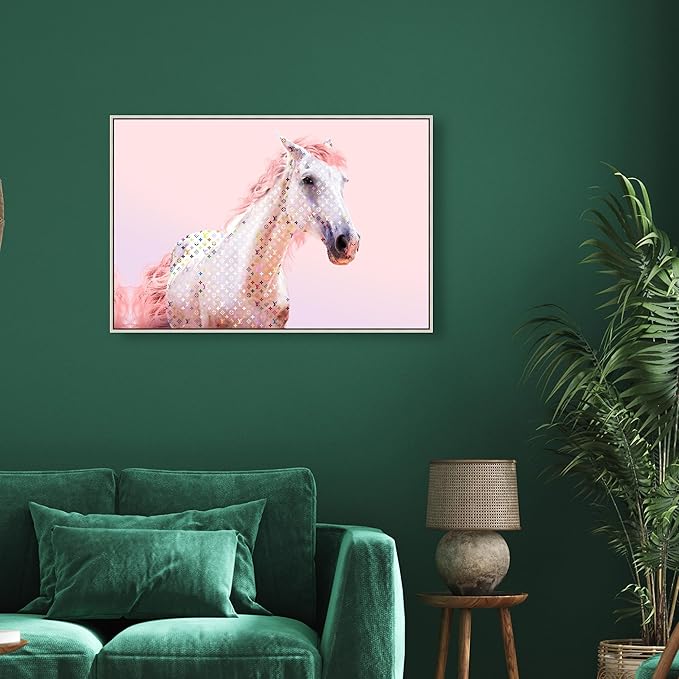 Country Farmhouse Canvas Print Painting Animal Wall Art 'Pink Glam Horse' Champagne Framed Canvas Rustic Home Décor 36x24 in Pink, White by Oliver Gal