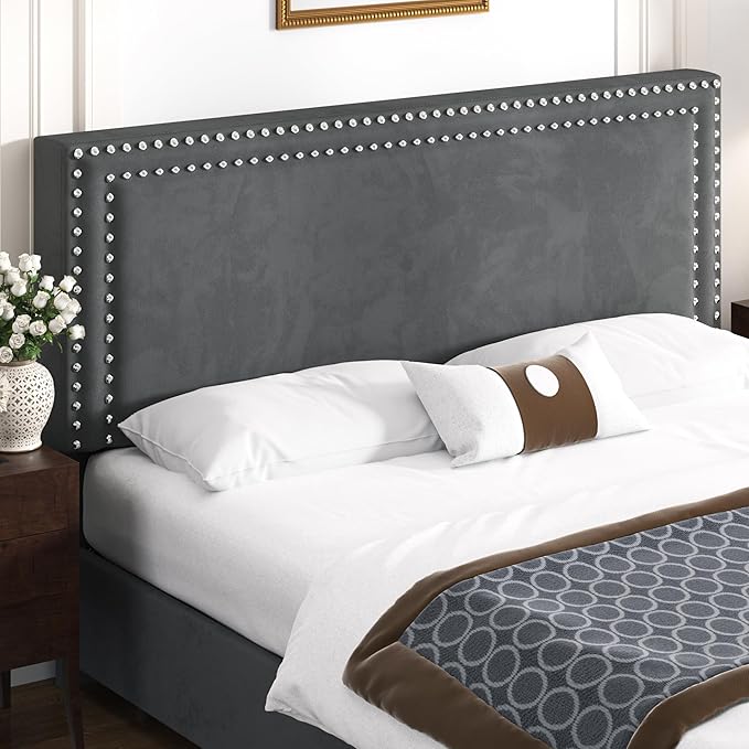VECELO Full Size Upholstered Platform Bed Frame with 4 Storage Drawers, Adjustable Velvet Rivet Decor Headboard, Wooden Slats Support, No Box Spring Needed, Easy Assembly