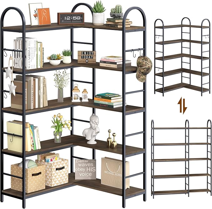 5 Tier Wooden Corner Bookshelves, 67 Inch Dark Brown Vintage Geometric Bookcase, DIY Bookcase Industrial Open Bookshelf, Heavy Duty Display Shelves Organizer for Living Room,Home Office.