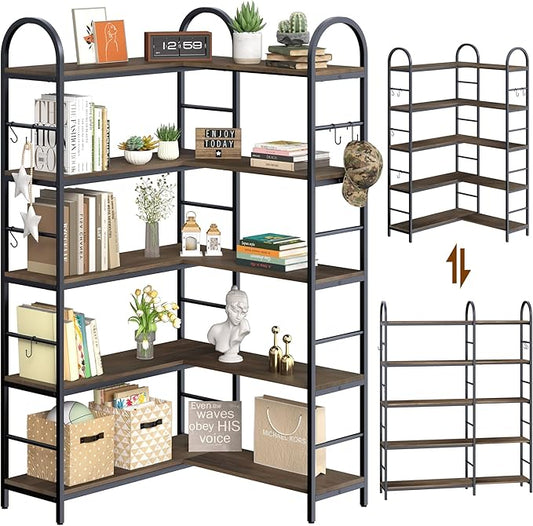 5 Tier Wooden Corner Bookshelves, 67 Inch Dark Brown Vintage Geometric Bookcase, DIY Bookcase Industrial Open Bookshelf, Heavy Duty Display Shelves Organizer for Living Room,Home Office.