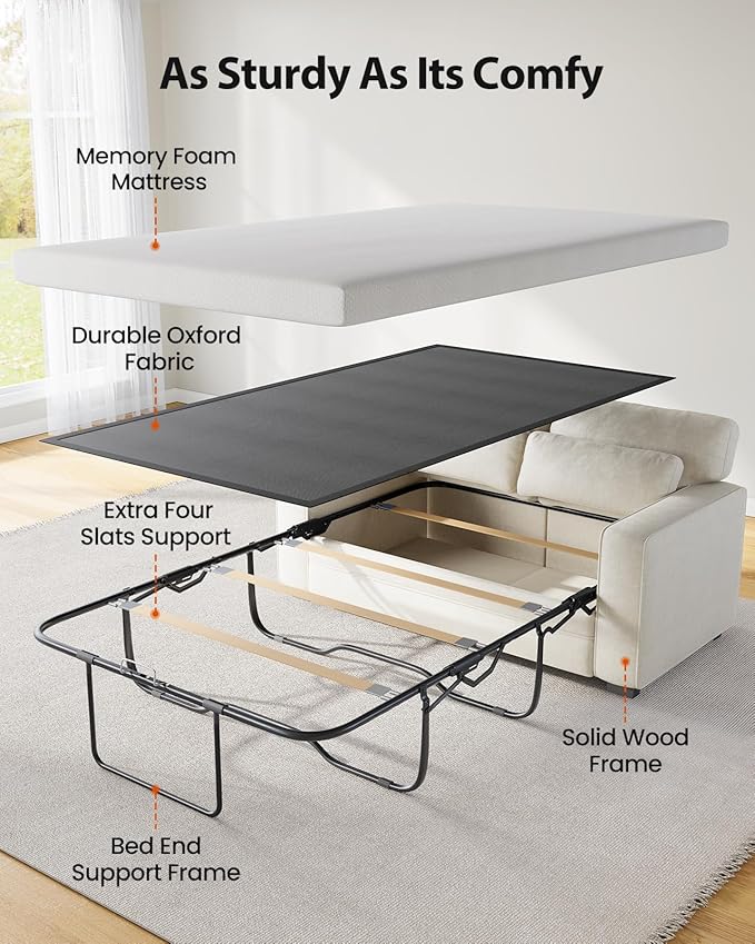 Marsail Pull Out Sofa Bed, Full Size Sleeper Sofa with Memory Foam Mattress, 2 USB Charging and Removable Covers, Loveseat for Living Room, Apartment, Supports 600 LBS, Chenille Fabric, White