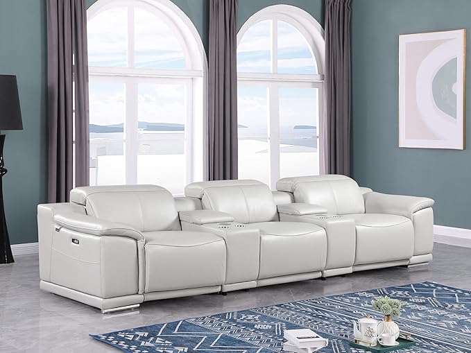 BlackJack Furniture Venice Top Grain Italian Leather Power Recline 8 Piece 5 Seater Sofa - 134" Theater Seating Modern Couch for Living Room Lounge with Adjustable Headrests & USB Port, Light Grey