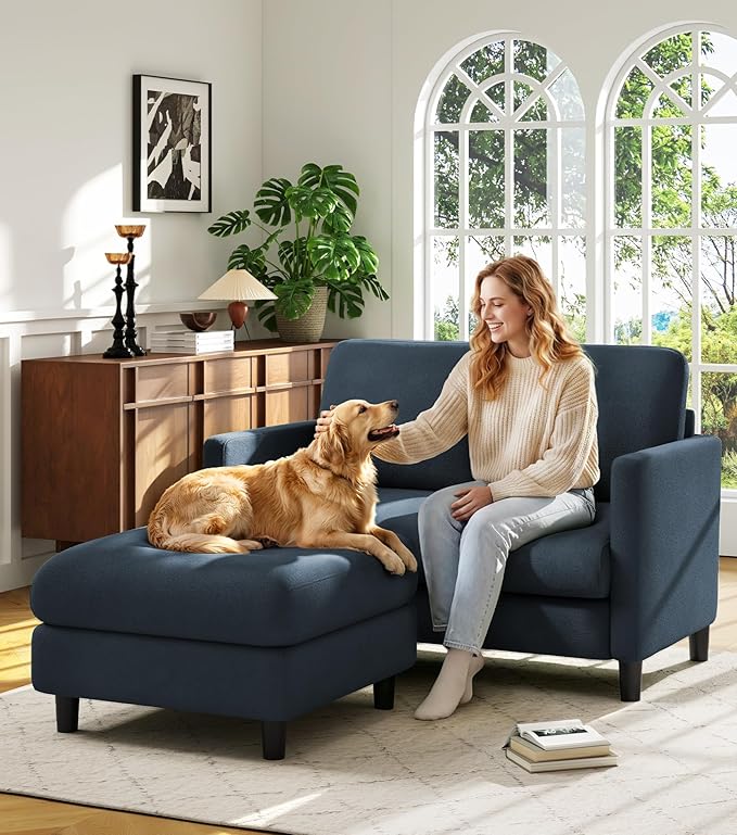 Welzona Loveseat, 51" Small L Shaped Couch, Comfy Teddy Love Seat with Ottoman Set, Tool-Free Setup Loveseat Sofa with Ottoman, All-Wood Small Sofa Couch for Bedroom, Couch for Living Room, Blue Grey