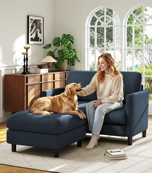 Welzona Loveseat, 51" Small L Shaped Couch, Comfy Teddy Love Seat with Ottoman Set, Tool-Free Setup Loveseat Sofa with Ottoman, All-Wood Small Sofa Couch for Bedroom, Couch for Living Room, Blue Grey