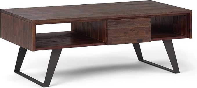 SIMPLIHOME Lowry Coffee Table - 48 inch Wide Solid Acacia Wood and Metal Living Room Table in Distressed Charcoal Brown, Modern Industrial Cocktail Table for Family Room with Drawers and Open Storage