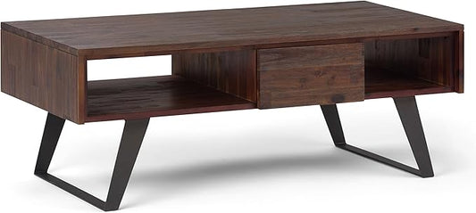 SIMPLIHOME Lowry Coffee Table - 48 inch Wide Solid Acacia Wood and Metal Living Room Table in Distressed Charcoal Brown, Modern Industrial Cocktail Table for Family Room with Drawers and Open Storage