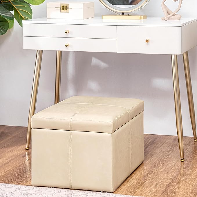 Adeco Modern Faux Leather Cube Storage Ottoman Bench, Warm Beige, Sturdy Footrest with Hidden Storage for Living Room, Bedroom, Entryway - 17.3" Cube, Comfortable Seating