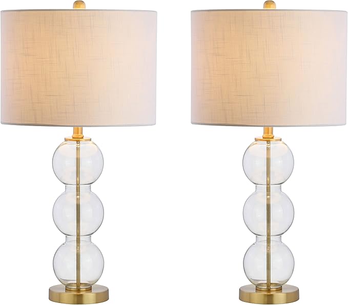 JONATHAN Y 27" Clear/Brass Triple-Sphere Glass Table Lamp Set of 2, Bedside, White Linen Shade, Modern Table Lamps for Living Room, Bedroom, Office, LED Bulbs Included JYL1070A-SET2
